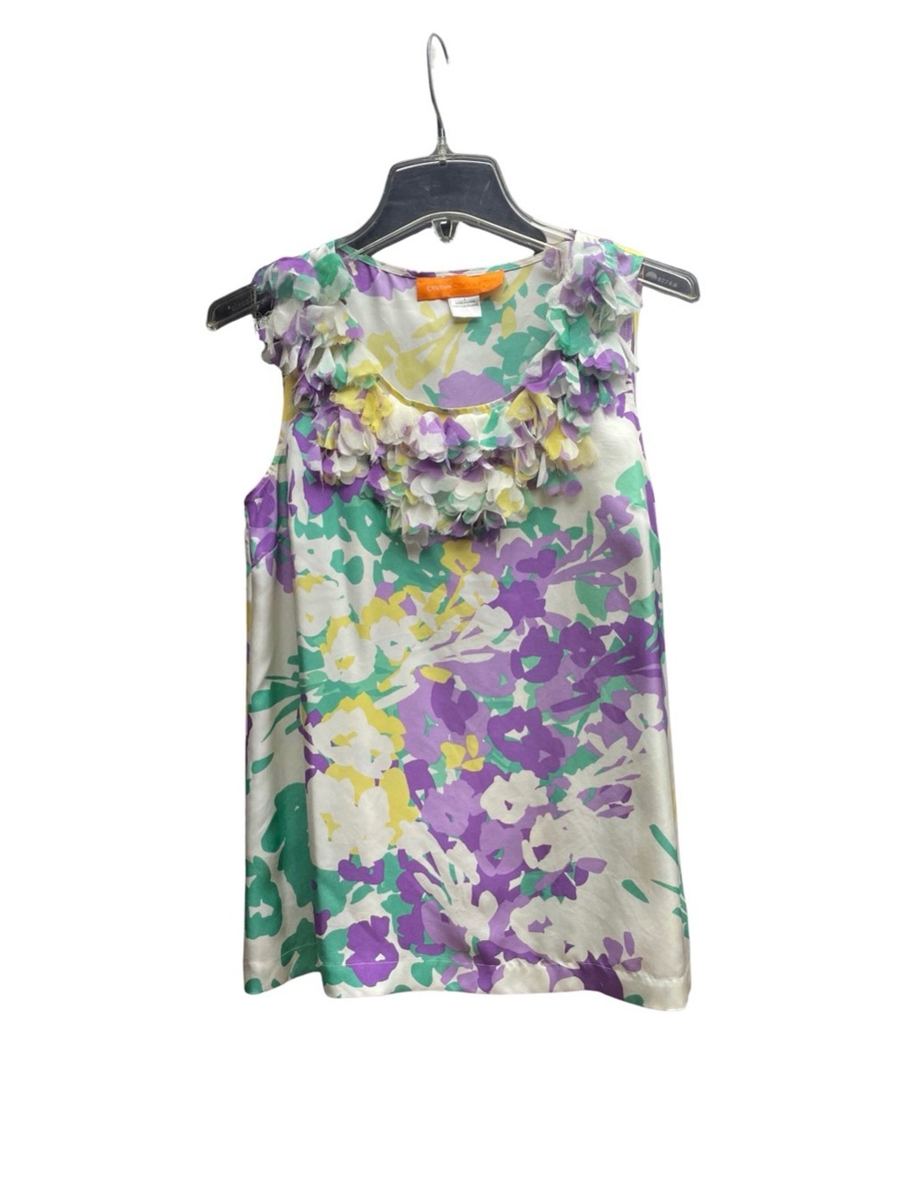 Cynthia Steffe Silk White Purple Green Floral Ruffle Neckline SleevelessTop Sz 4